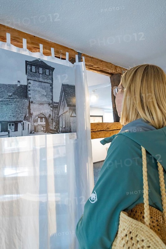 Woman looking at historical photograph in a room with wooden elements, family celebration in Neubulach, district of Calw, Germany