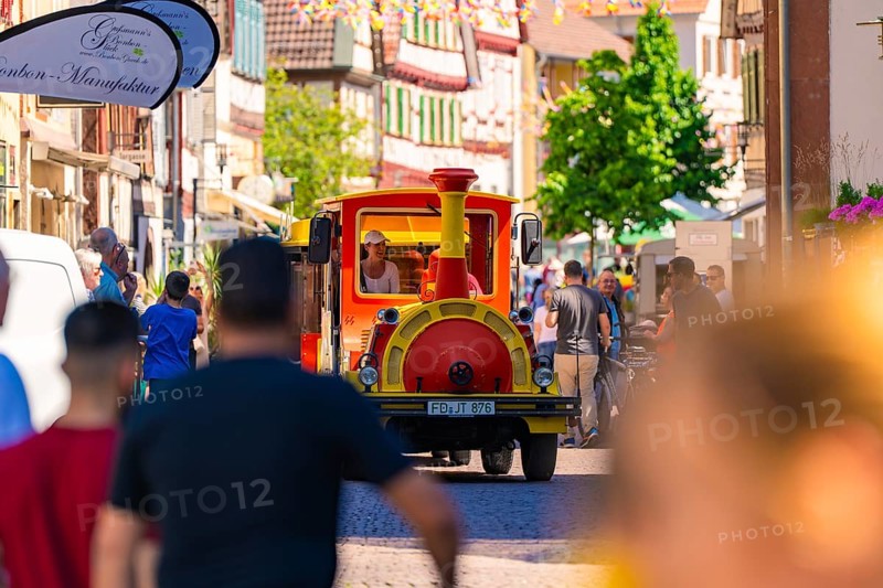 Tourist train runs through a lively, sunny city street, Calw railway station festival, Black Forest, Germany