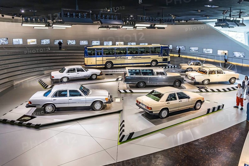 The Mercedes-Benz Museum in Stuttgart presents a journey through time through the automotive history of the global corporation. The history of the Mercedes star begins with the first automobile in 1886. 160 vehicles are on display. Stuttgart, Baden-Württemberg, Germany