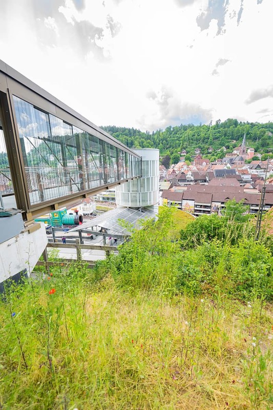 View of an urban landscape with modern bridge and surrounding nature, Zob extension with bridge construction for the new Herman Hesse railway, Calw, Black Forest, Germany