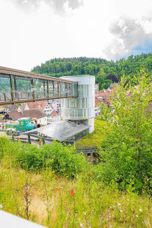 A modern bridge structure in a green landscape with a town in the background, Zob extension with bridge construction for the new Herman Hesse railway, Calw, Black Forest, Germany