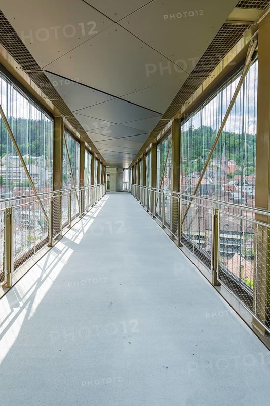 Interior view of a modern bridge with glass walls and panoramic views of the surrounding area, Zob extension with bridge construction for the new Herman Hesse railway, Calw, Black Forest, Germany