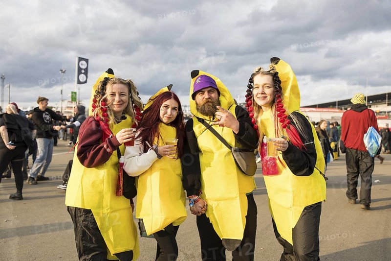 Festival visitors from Ukraine are at Rock am Ring for the 4th time and pose in banana costumes at the Rock am Ring Festival on Sunday, Nürburgring race track race track, 08.06.2025