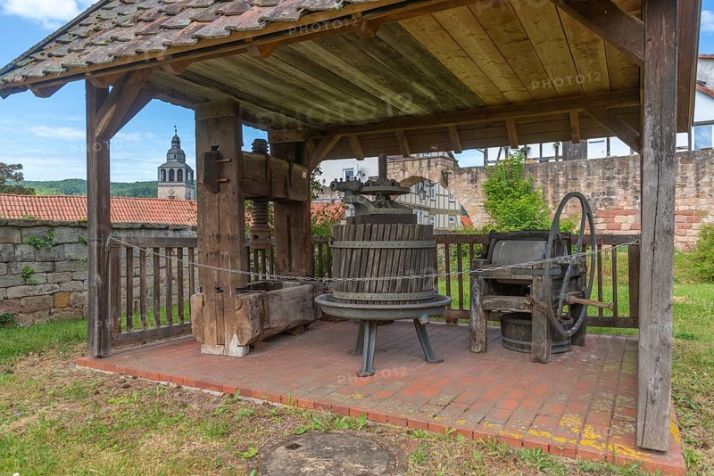 Old fruit press, Bad Sooden, Allendorf, Allendorf district, historic old town, wooden construction, town wall, tower of St Crucis Church, fruit, Werra-Meissner district, Hesse, Germany