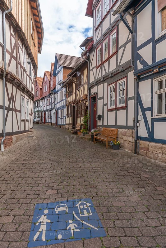 Bad Sooden, Allendorf, Allendorf district, historic old town with numerous half-timbered houses under monument protection, gabled houses, play street sign, benches, flowers, cobblestones, Werra-Meissner district, Hesse, Germany