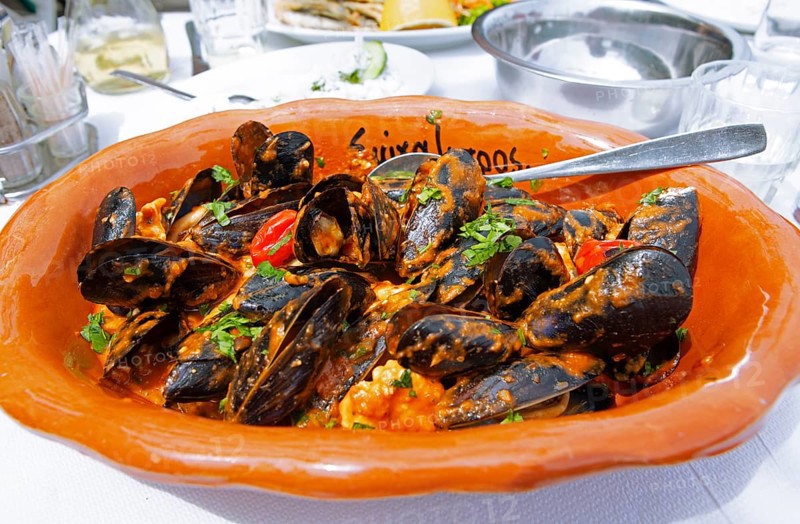 Mussels saganaki or mussels with tomato sauce and feta, typical Greek food, Pelion peninsula or Pelion, Thessaly, Greece