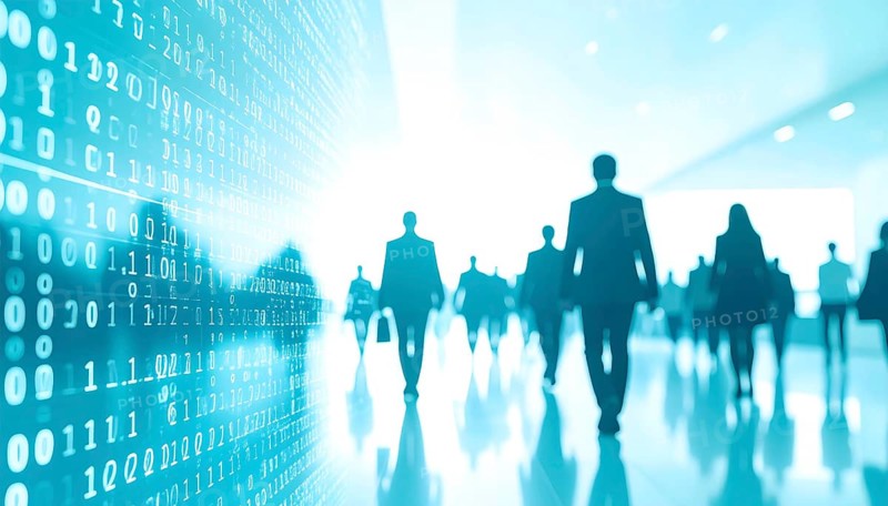 Business, abstract background, blur computer code, silhouette of walking people in a hall, blue hues, AI generated
