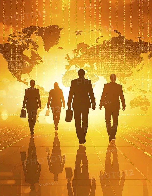 Business, abstract background, blur computer code, silhouette of walking people in a hall, orange hues, AI generated