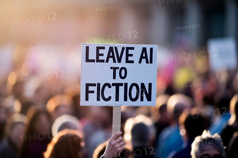 Protest sign reading Leave AI to fiction held in crowd during sunset demonstration. Generative ai, AI generated