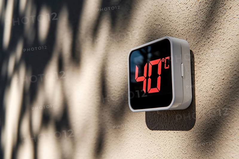 Digital termometer showing 40 degrees fahrenheit temperature on wall in hot summer. Generative ai, AI generated