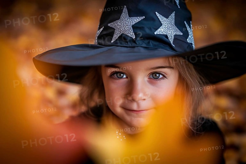 Young cucasian female child in witch costume with autumn leaves. Generative AI, AI generated