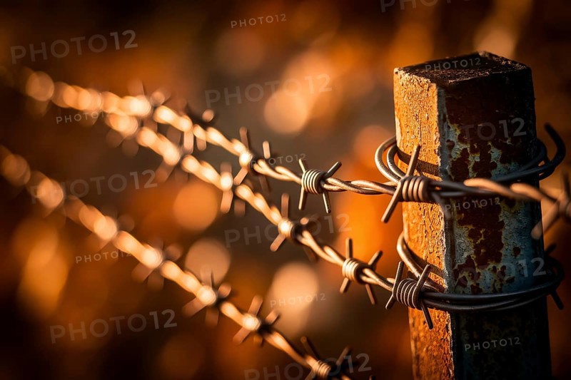 Close-up of rusty barbed wire fence with orange light. Generative Ai, AI generated
