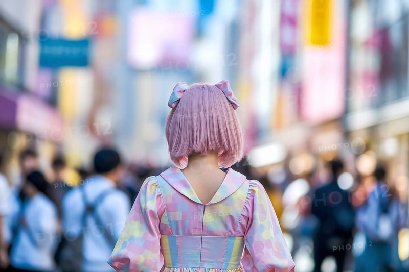 Girl in pastel Lolita dress walking through Harajuku. Concept of Japanese street fashion, youth identity, and urban style expression. Generative AI, AI generated
