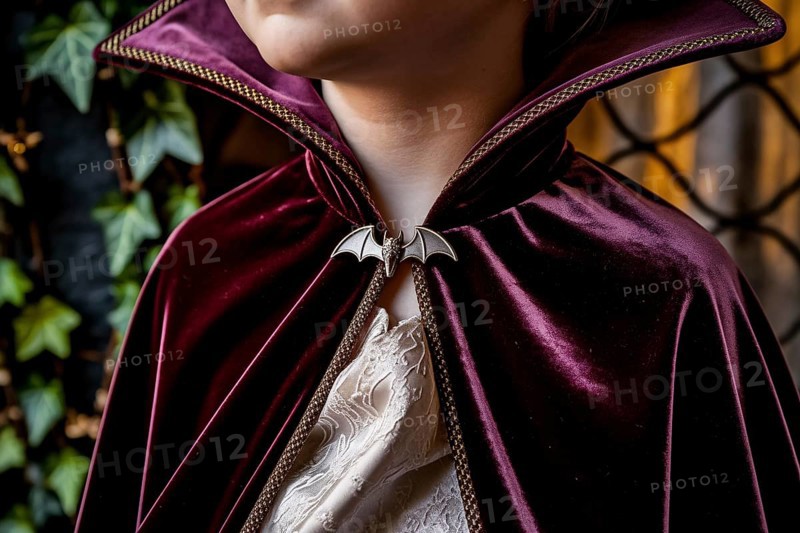 Close-up of bat clasp on velvet halloween costume vampire cloak on boy child. Generative ai, AI generated