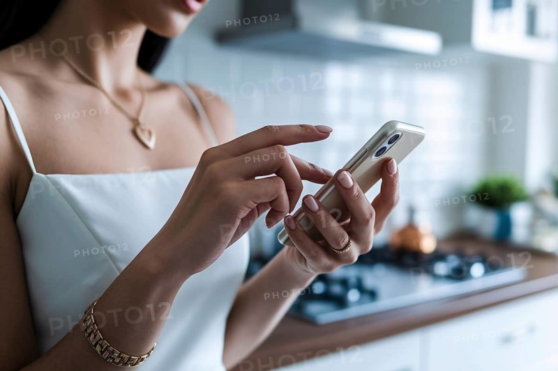 Close-up of manicured hands holding smartphone as glamorous housewife influencer films in luxury kitchen. Generative ai, AI generated