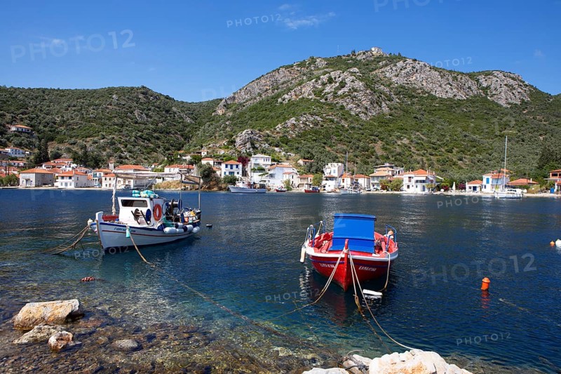 Boats in the harbour of Agia Kiriaki on the Aegean Sea, Pelion or Pelion Peninsula, Magnisia, Thessaly, Greece