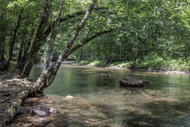 Oconaluftee River flows through the Oconaluftee Visitor Center at Great Smoky Mountains National Park near Cherokee, North Carolina, USA