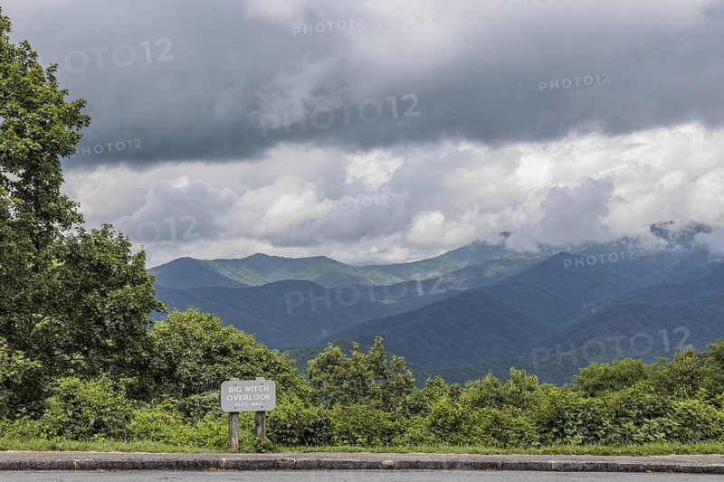 Sign at Big Witch Overlook along the Blue Ridge Parkway in the Smoky Mountains near Cherokee, North Carolina, USA