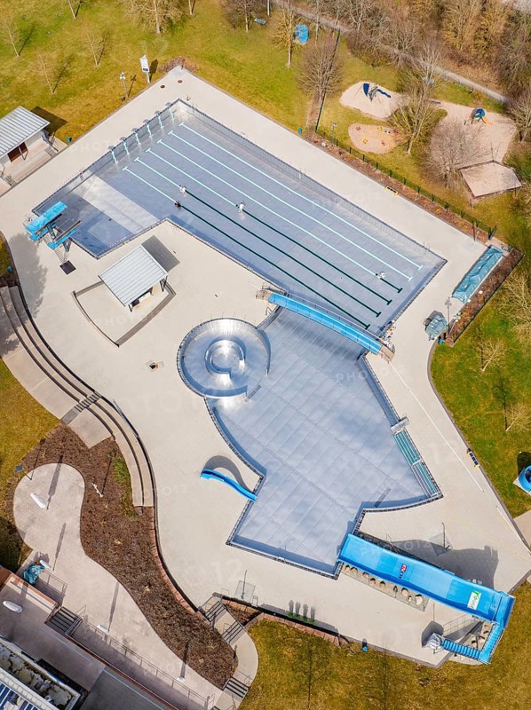 Aerial view of the entire swimming pool area with water slides and green areas, renovation of the swimming lines, Calw Stammheim outdoor pool, Calw, Black Forest, Germany