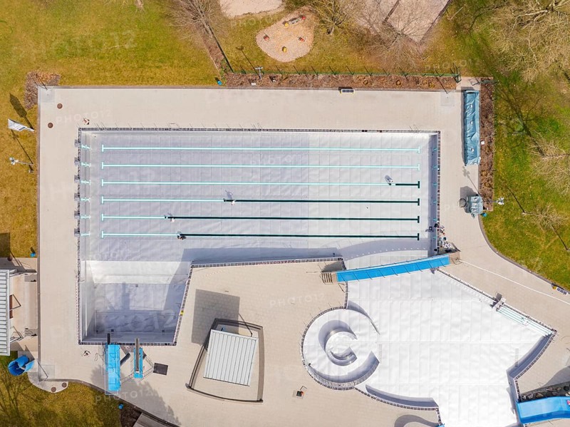 Aerial view of the entire area with geometric shapes and neighbouring green areas, renewal of the swimming lines, Calw Stammheim outdoor pool, Calw, Black Forest, Germany