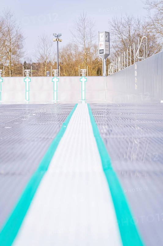 Empty swimming lane with focus on coloured lines and textured surface in the outdoor area, renewal of the swimming lines, Calw Stammheim outdoor pool, Calw, Black Forest, Germany
