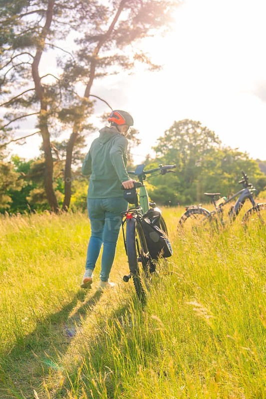 A person pushes a bicycle through high grass in a sunny field, e-bike excursion, Gechingen, district of Calw, Germany