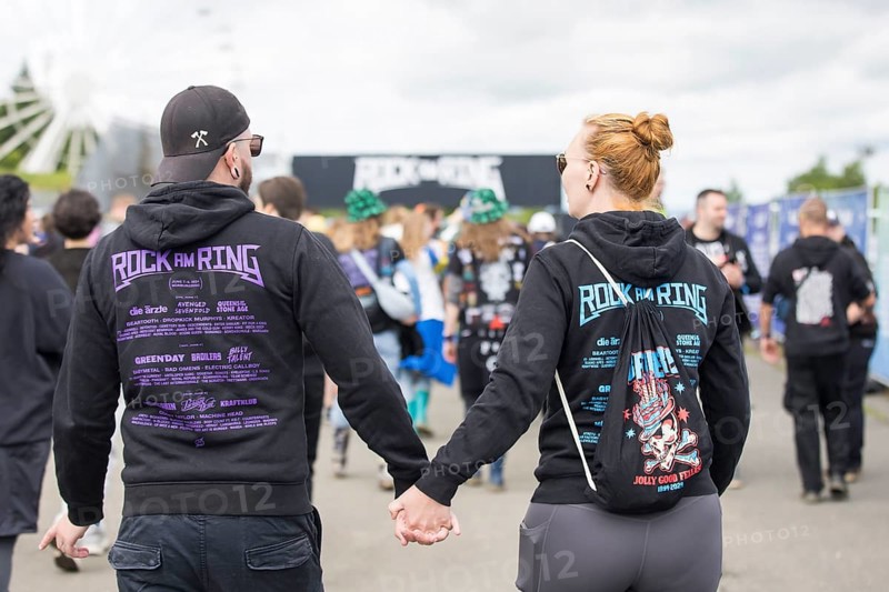 Two festival visitors with Rock am Ring jumpers at the Rock am Ring Festival on Friday, Nürburgring race track race track, 06.06.2025
