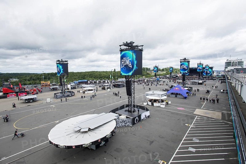 Infield with speaker towers at the Rock am Ring Festival on Friday, Nürburgring race track race track, 06.06.2025