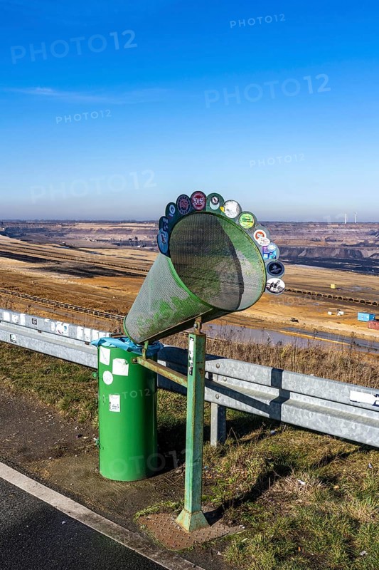 Garzweiler II coal mine, view from Jackerath viewpoint, waste bin with funnel, North Rhine-Westphalia, Germany