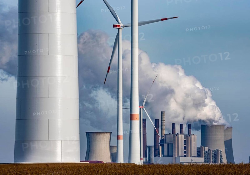 The RWE brown coal power plant in Neurath, wind farm, Rhenish lignite mining district of North Rhine-Westphalia, Germany