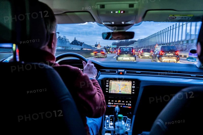 Driving on the A40 motorway, Ruhrschnellweg, in heavy traffic, drivers' perspective, Essen, North Rhine-Westphalia, Germany