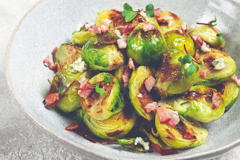 Roasted brussels sprouts, with bacon, vegetarian food, homemade, no people