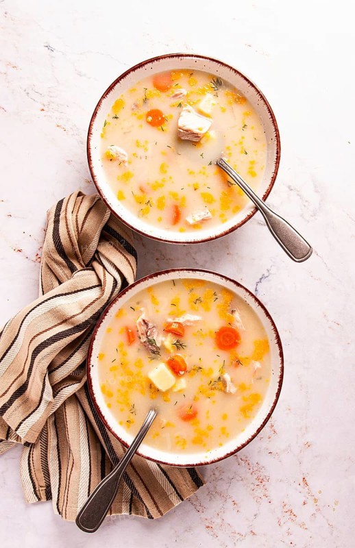 Finnish fish soup, lohikeito soup, creamy fish soup, two bowls of soup