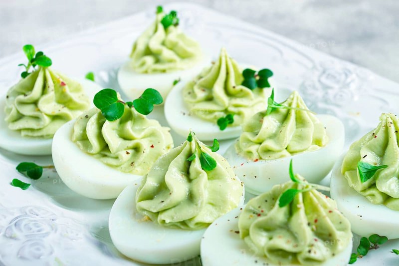 Snack, stuffed eggs with avocado, homemade, no people