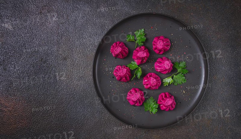 Beetroot khinkali, mini khinkali, purple, Georgian cuisine, no people