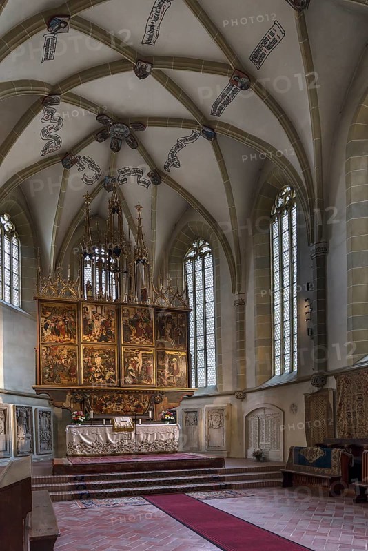 Ribbed net vault and media altar, late Gothic winged altar, built 1490-1520, St. Margaret's Church, Medias, Transylvania, Romania