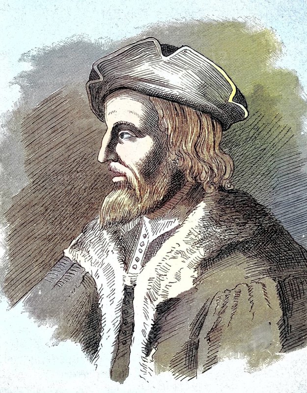 Balthasar Hubmaier (geboren um 1485, gestorben 10. März 1528) war eine führende Anäuferpersönlichkeit der Reformationzeit sowie ein Märtyrer der Anäuferbewegung / Balthasar Hubmaier (born c. 1485, died March 10, 1528) was a leading Anabaptist figure of the Reformation era as well as a martyr of the Anabaptist movement, Historisch, digital restaurierte Reproduktion einer Originalvorlage aus dem 19. century, genaues Originaldatum nicht bekannt, nachträglich coloriert