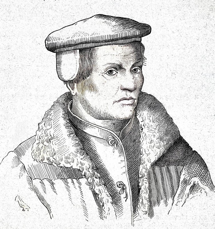 Thomas Müntzer (geboren um 1489, gestorben 27. Mai 1525) war ein Theologe, Reformator und Revolutionär in der Zeit des Bauernkrieges / Thomas Müntzer (born c. 1489, died May 27, 1525) was a theologian, reformer and revolutionary during the Peasants' War period, Historisch, digital restaurierte Reproduktion einer Originalvorlage aus dem 19. century, genaues Originaldatum nicht bekannt, nachträglich coloriert