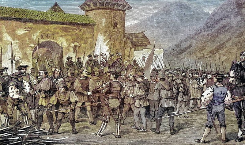German Peasants' War, 1524-1526, Disarmament of the Tyroleans in Radstatt/German Peasants' War, disarming the Tyroleans at Radstatt, historical, digitally restored reproduction of an original model from the 19th century, exact original date not known, subsequently colored