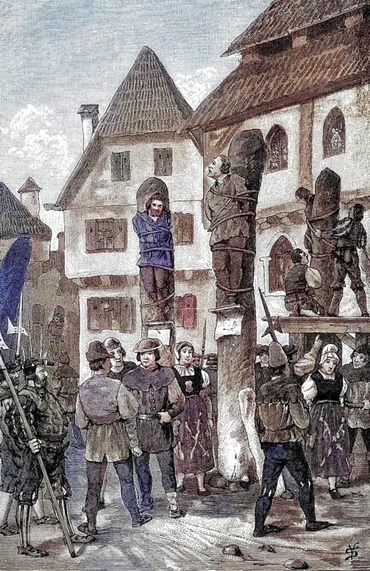 German Peasants' War, 1524-1526, shame columns at the houses of the outlaws/German Peasants' War, pillars of shame on outlaws' houses, historical, digitally restored reproduction of an original model from the 19th century, exact original date unknown, subsequently colored