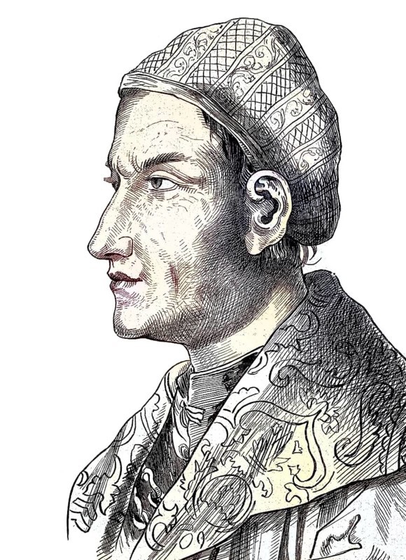Sebastian von Rotenhan (geboren um 1478, gestorben 1534) war ein deutscher Ritter, Kartograf und Humanist / Sebastian von Rotenhan (born c. 1478, died 1534) was a German knight, cartographer and humanist, Historic, digitally restored reproduction of an original from the 19th century, exact original date unknown, subsequently coloured
