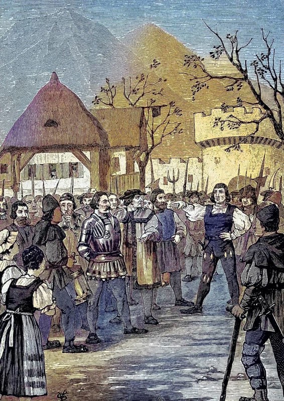 German Peasants' War, 1524-1526, Gericht über Dietrichstein/German Peasants' War, Court on Dietrichstein, historical, digitally restored reproduction of an original model from the 19th century, exact original date unknown, subsequently colored