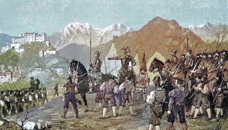 German Peasants' War, 1524-1526, Siege of Salzburg/German Peasants' War, Siege of Salzburg, historical, digitally restored reproduction of an original model from the 19th century, exact original date unknown, subsequently colored