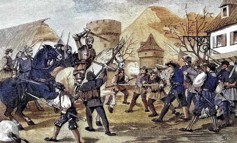 German Peasants' War, 1524-1526, Raid of Schladming/German Peasants' War, Raid of Schladming, historical, digitally restored reproduction of an original model from the 19th century, exact original date unknown, subsequently colored