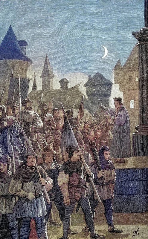 German Peasants' War, 1524-1526, Ambrosius Süß blesses the peasant army in Würzburg. Augustiner Ambrosius Süß, he supports the insurgent farmers, is their field chaplain and burned at the stake in 1528/German Peasants' War, Ambrosius Süß blesses the Peasant Army in Würzburg. Augustinian Ambrosius Süß, he supports the rebellious peasants, becomes their field chaplain and is burned at the stake for it in 1528, historical, digitally restored reproduction of an original model from the 19th century, exact original date not known, subsequently colored