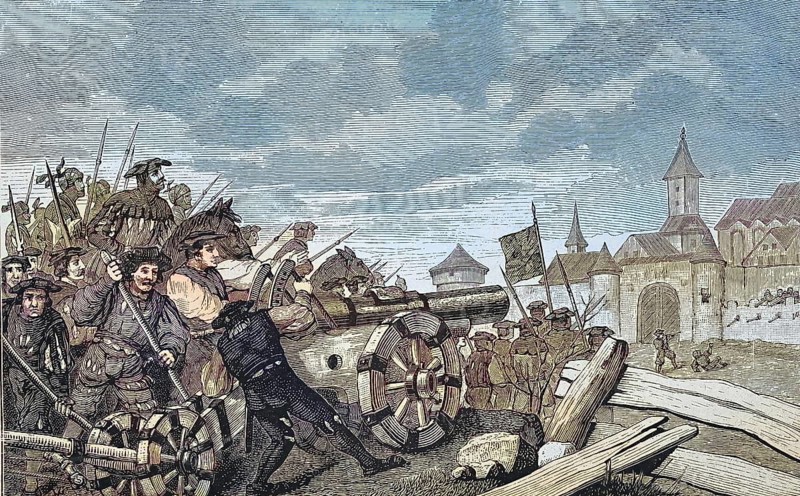 German Peasants' War, 1524-1526, bombardment of Neckarsulm/German Peasants' War, shelling of Neckarsulm, historical, digitally restored reproduction of an original model from the 19th century, exact original date unknown, subsequently colored