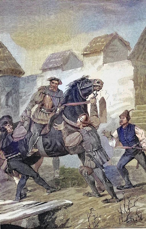 German Peasants' War, 1524-1526, Hans Schnabel is captured in Meiningen. The carpenter Hans Schnabel from Münnerstadt led the Bildhäuser Haufen/German Peasants' War, Hans Schnabel is captured in Meiningen. The Carpenter Hans Schnabel from Münnerstadt led the Bildhäuser Bunch, historical, digitally restored reproduction of an original model from the 19th century, exact original date unknown, colored later