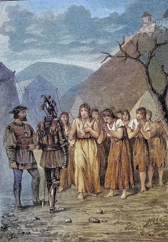 German Peasants' War, 1524-1526, Die Mühlhäuser Frauen bitten um Gnade/German Peasants' War, The woman of Mühlhausen beg for mercy, historical, digitally restored reproduction of an original model from the 19th century, exact original date not known, subsequently colored