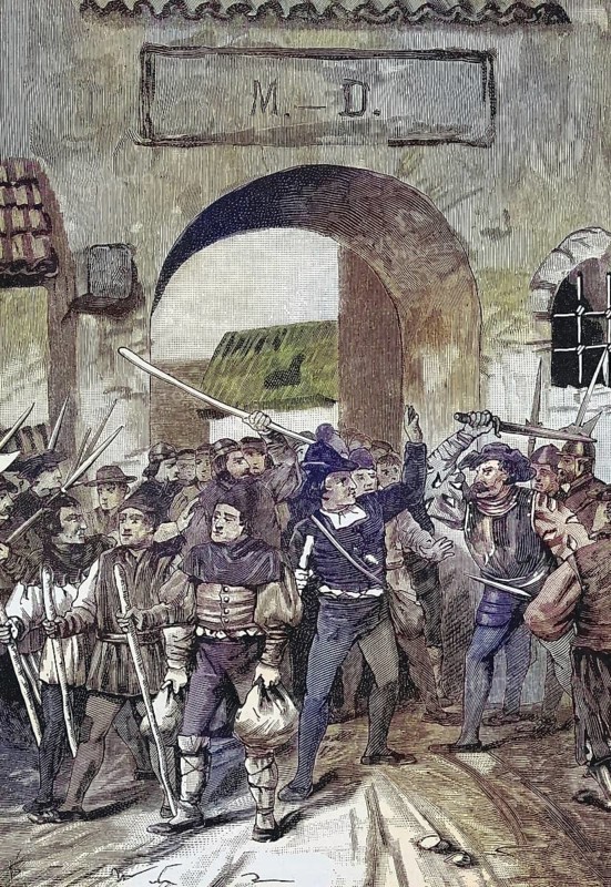 German Peasants' War, 1524-1526, Der Verrat zu Zabern/German Peasants' War, The Betrayal at Zabern, historical, digitally restored reproduction of an original model from the 19th century, exact original date not known, subsequently colored