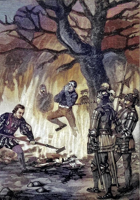 German Peasants' War, 1524-1526, Nonnemacher's execution. The piper Melchior Nonnenmacher, formerly a musician in noble service, was burned, Weinsberger Bluttat/German Peasants' War, Nonnemacher's execution. The Piper Melchior Nonnenmacher, formerly a musician in the service of the nobility, was burned to death, Weinsberg Bloody Deed, historical, digitally restored reproduction of an original original from the 19th century, exact original date not known, subsequently colored